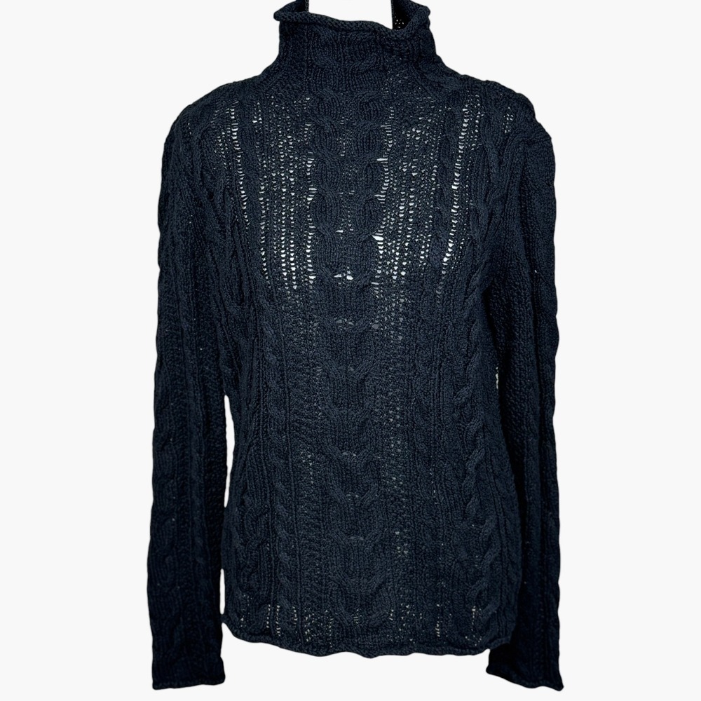 Lauren Ralph Lauren Black Cable Open Knit Mockneck Sweater Womens M Cotton Blend